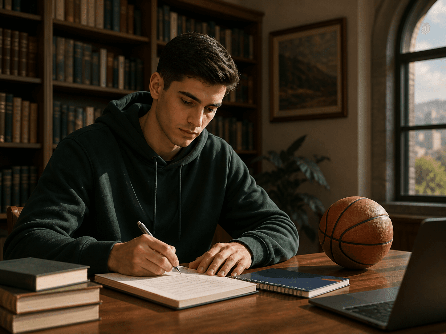 Student athlete preparing coursework beside a basketball