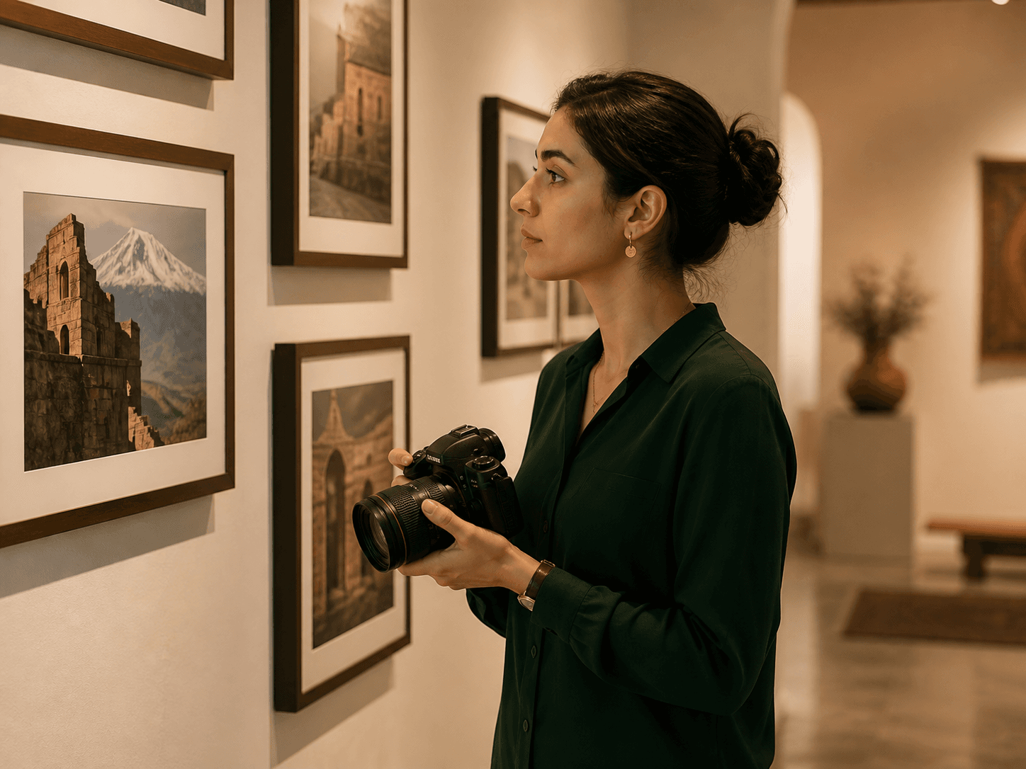 Photographer reviewing exhibition prints in a gallery